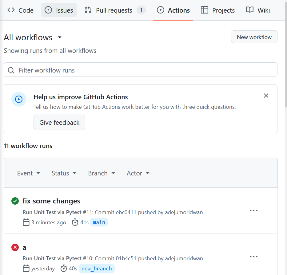 image showing the actions tab under the github repository